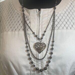 Black Gunmetal 15” lattice Heart Pendant 3 tier Layered Necklace with beads